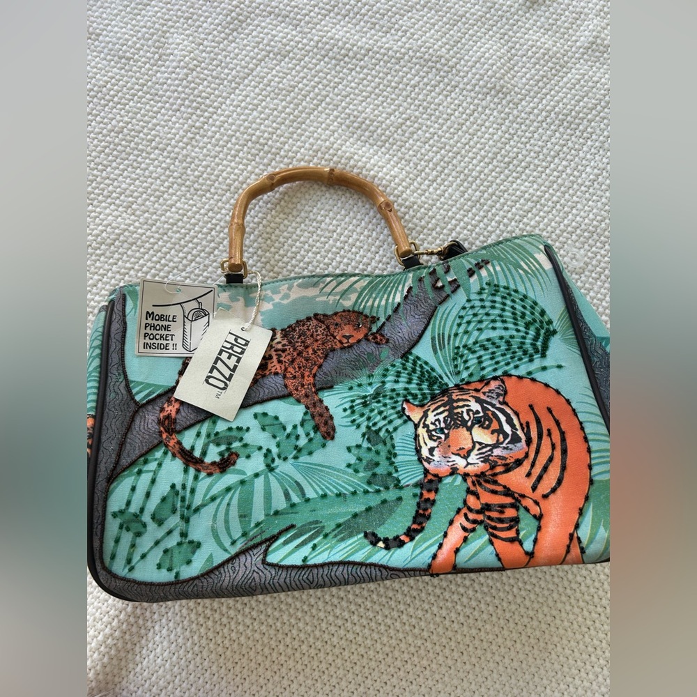 NWT Prezzo beaded bag tiger design and bamboo handles